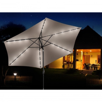 Parasol ogrodowy okrągły uchylny z korbką oświetleniem LED śr. 300 cm kremowy