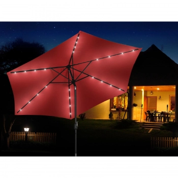 Parasol ogrodowy okrągły uchylny z korbką oświetleniem LED śr. 300 cm czerwony