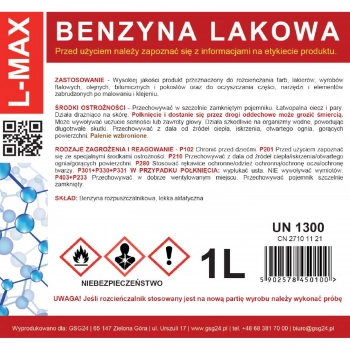 Benzyna lakowa rozcieńczalnik rozpuszczalnik do farb i lakierów L-MAX 1L