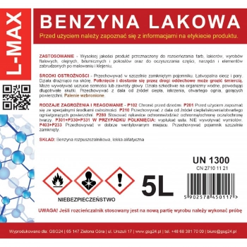 Benzyna lakowa rozcieńczalnik rozpuszczalnik do farb i lakierów L-MAX 5L